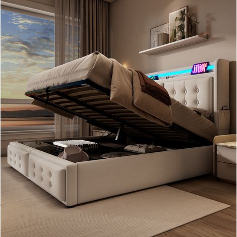 Lit coffre tapissé 140/200 cm beige en bois, métal et coton-lin avec LED, prises et USB-C (1/5)