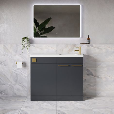 Napoli 250 Gloss Grey 1000mm 2 Door Vanity Unit Toilet Suite with Round Silvo Basin - 1000mm - Brushed Brass 160mm HandleWithout Jubilee Toilet Pan