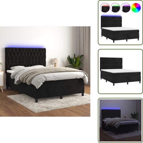 Boxspringbett mit Matratze & LED Schwarz 140x200 cm Samt - Boxspringbett - Doppelbett - Samtbett - Luxusbett - Schlafzimmer Dekoration
