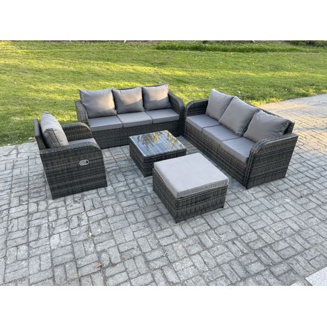 Fimous Salon de jardin exterieur avec Canapés Table basse carrée Chaise inclinable Grand tabouret Gris foncé mixte (1/5)