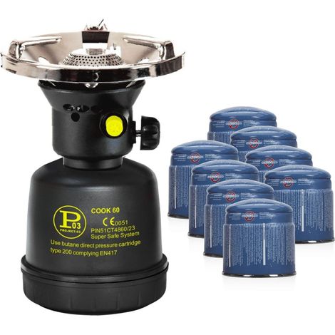 Réchaud à gaz Coque Acier + 8 cartouches 190g Allumage Auto & Sécurisé - Réchaud Camping Vanlife Flamme réglable Black COOK (1/5)