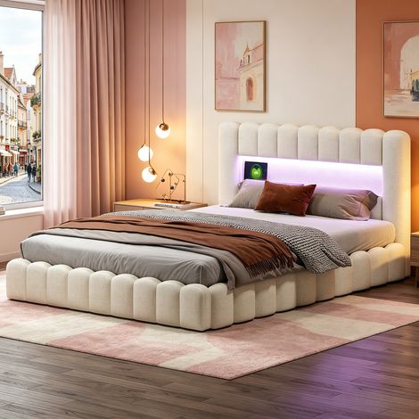 Lit Coffre 180x200 cm, Cadre de Lit avec Tête de Lit LED RGB et Prises USB, Sommier à Lattes, Rangement Élevateur, Lin, Beige (1/5)