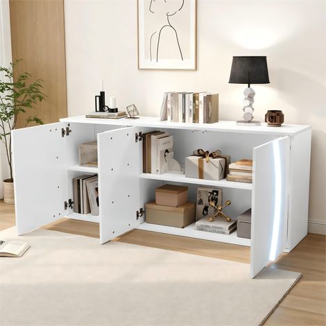 Buffet de salon 150x40x70cm, bahut avec éclairage LED moderne et 3 portes, en panneau de particules avec façade brillante pour salle à manger, blanc (1/5)