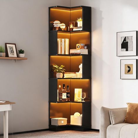 Étagère d'angle en MDF noir avec éclairage LED et 5 niveaux (1/5)