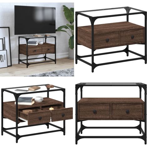 Mueble TV cristal y madera ingeniería marrón roble 60x35x51 cm - Mueble de tv cristal y madera - Mueble de tv marrón roble