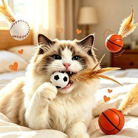 Set of 3 interactive bouncy cat balls, soft and lightweight rubber toy for bouncing, hitting and chasing fun, football, tennis, and basketball designs, bright colors (1/5)