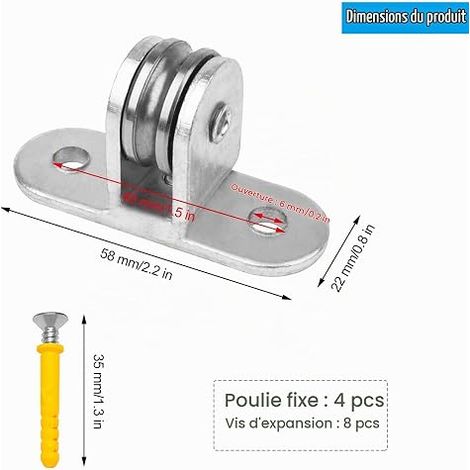 Set of Lifting Pulleys for Cable, Vertical Section Single Pulley, Stainless Steel Sliding Gate Rail Roller, Pulley Block with Screws, for Clothesline, Ropes (1/4)