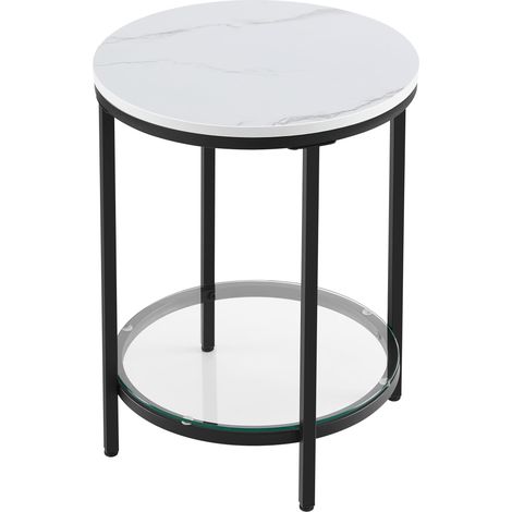 Table d’Appoint, à 2 Niveaux, Table de Nuit, en Panneau d’Aggloméré et Verre, pour Salon, Chambre, Bureau, Petit Espace, Blanc Marbré et Noir d'encre LET285B13 (1/5)