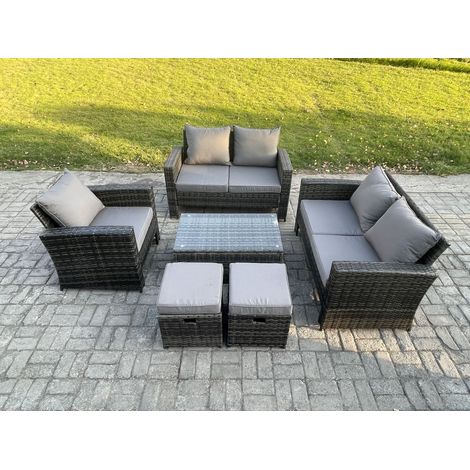 Fimous Rattan Garden Furniture Set 7 Seater Patio Outdoor Lounge Sofa Chair Set with Rectangular Coffee Table 2 Small Footstools Dark Grey Mixed (1/5)