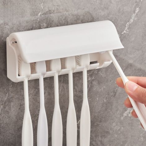 Soporte de pared para cepillos de dientes con tapa para ducha, plástico autoadhesivo, 6 ranuras (1/3)