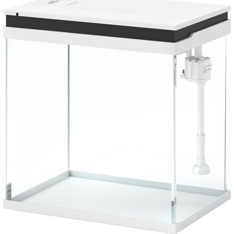 Petit aquarium complet en verre de 14 litres avec système de filtration, éclairage LED et pompe à eau. 30 x 20 x 33 cm, blanc.