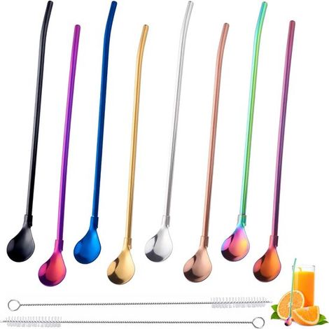 Además, pajitas reutilizables con cuchara, juego de 8, acero inoxidable, pajita y cuchara 2 en 1, incluye cepillos de limpieza, para latte macchiato y cócteles, 8 colores. (1/5)