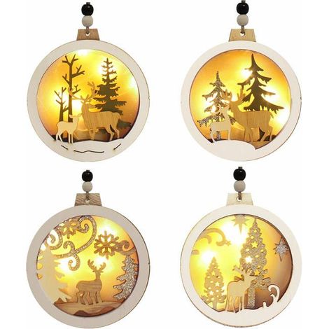 Set of 4 LED wooden reindeer Christmas ornaments for tree and holiday decor.