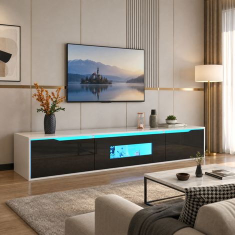 JOOKGBD-Meuble TV Moderne 180×35×30cm, Bicolore Blanc Noir Brillant, Eclairage LED 16 Couleurs et 4 Modes, Portes à Rainure, Peut Se Fixer Au Mur, Structure Panneau Particules pour Décoration Salon (1/5)