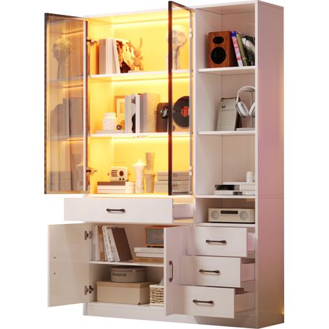 Vitrine haute avec LED, 120 x 35 x 200 cm, 13 espaces de rangement, 4 tiroirs, portes en verre et design blanc moderne  CHICFURN (1/5)