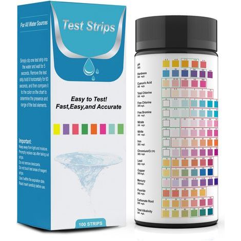 Potable Kit de Test D'eau, Bandelettes D'analyse,16 in 1 Bandelettes de Test D'eau, Lot de Bandelette Piscine, Qualité de L'eau à Domicile, Kit D'analyse de L'eau Potable(100Pcs) (1/5)