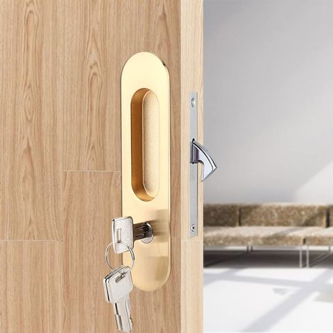 Serrure de porte coulissante en alliage de zinc, serrure de porte coulissante avec clé, serrure de porte de sécurité, meubles, quincaillerie, pour salle de bain, armoire, cuisine, balcon (dorée) (1/5)
