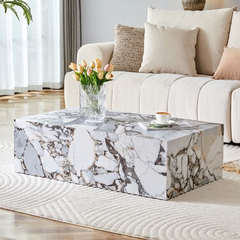 Mesa de centro en MDF blanco efecto mármol 90 x 50 x 30 cm, rectangular, sin montaje