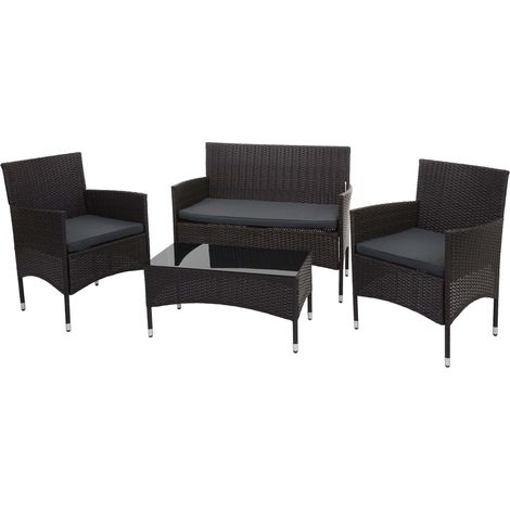 Salon de jardin en polyrotin pour jardin balcon terrasse canapé banc table fauteuils marron coussins gris foncé 040003245