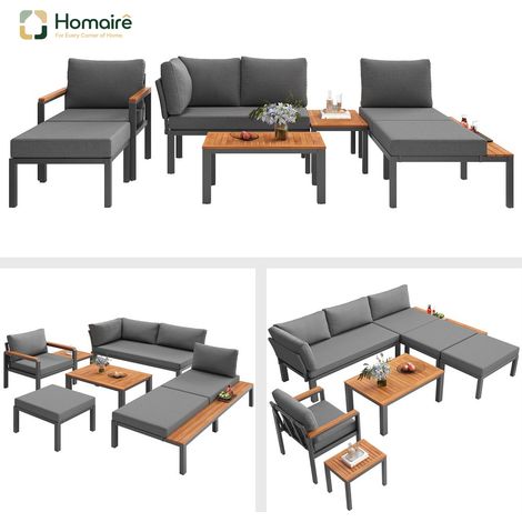 HOMAIRE Modulare Outdoor-Sitzgruppe mit Metallrahmen, atmungsaktiven Kissen und Holztischen für Terrasse, Balkon und Poolbereich Grau (1/5)