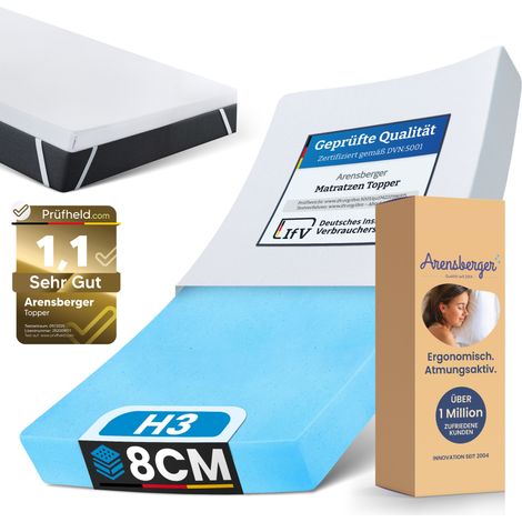 Arensberger Matratzen Topper PREMIUM, 90x200cm, Gelschaum Matratzentopper, waschbarer Bezug, geeignet für Federkern & Schaumstoff Matratzen, Höhe 8cm (1/5)