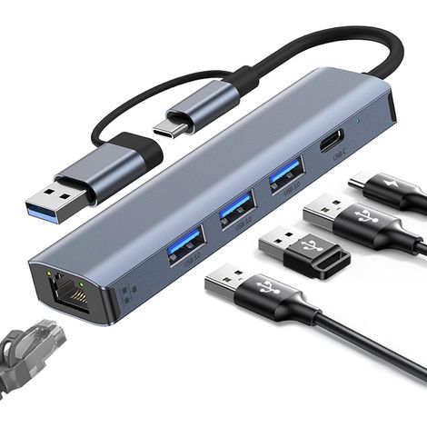 Adaptateur USB-C vers Ethernet Gigabit RJ45 - 3 Ports USB 3.0, Adaptateur Réseau Compatible Windows, MAC, Linux, Chromebook (1/5)