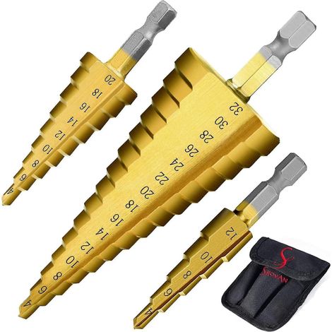 Jeu de 3 forets étagés en acier rapide (4-12 mm, 4-20 mm et 4-32 mm) - Foret conique (1/3)