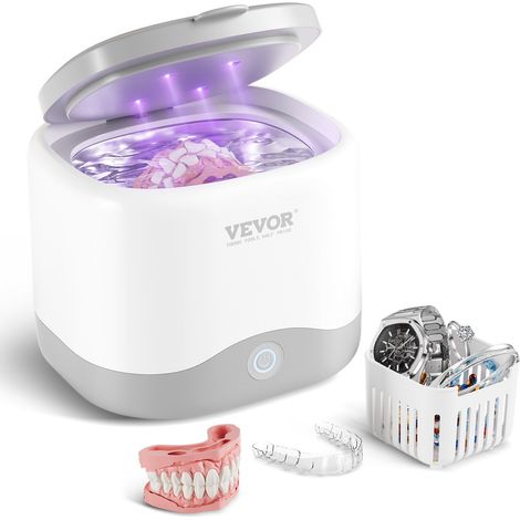 VEVOR Nettoyeur a Ultrasons pour Protheses Dentaires, Machine de Nettoyage d’Appareil de Retention et Plaque Occlusale 200 mL, 30 W, avec Lumiere UV, pour Dents, Appareils Orthodontiques, Bijoux