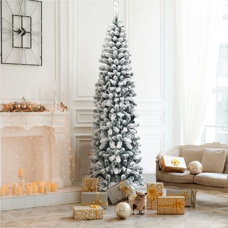 COSTWAY 225cm Bleistift Weihnachtsbaum mit Schnee, künstlicher Tannenbaum mit Metallstaender, Christbaum PVC Nadeln, Kunstbaum Weihnachten Klappsystem Grün (1/5)
