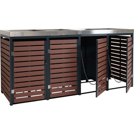 4x copribidoni box spazzatura rifiuti con fioriera HHG-621 84x265x124cm metallo WPC marrone