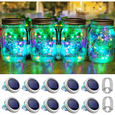 Lot de 10 guirlandes lumineuses solaires LED (20 LED) pour couvercles de bocaux Mason, avec crochet de suspension, pour décorer