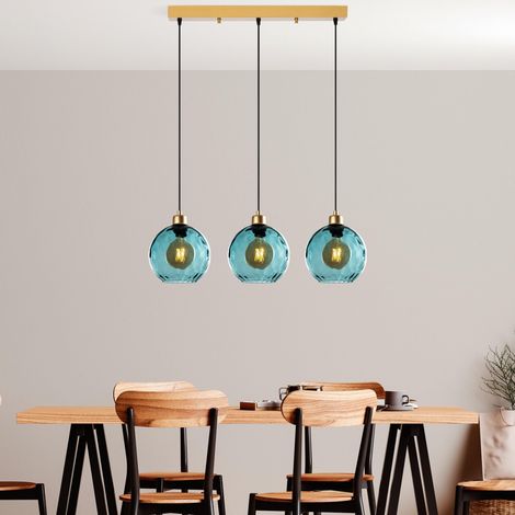 Élégant lustre bleu, hauteur réglable 40-120 cm, corps en métal, 3 douilles E27, 70 x 20 x 120 cm, pour les espaces de vie modernes, IP20 (1/5)