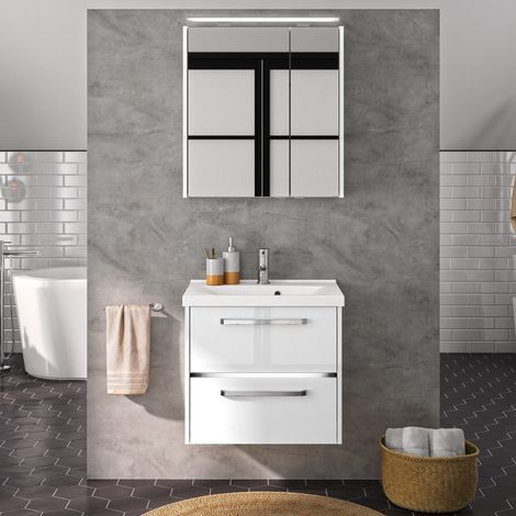 Badezimmer-Waschplatz FES-3050-66 Unterschrank in Hochglanz weiß, Mineralgussbecken inkl. LED - B/H/T: 66/200/43cm (1/5)