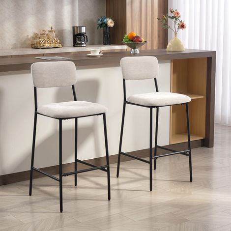 2er-Set Barhocker, hohe Küchenhocker aus Chenille mit hoher Rückenlehne, Fußstütze und dicker, weicher Sitzfläche, Stahlgestell, hohe Barhocker für Halbinsel, Esszimmer, Theke, Creme