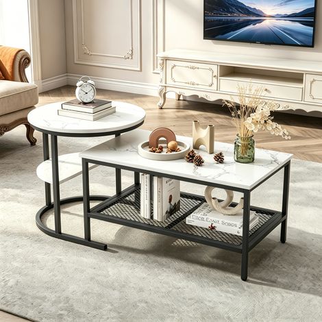 Table basse, Table Basse Gigogne Lot de 2, Table rectangulaire en marbre et métal, Pieds Réglables, Table d'Appoint pour Salon