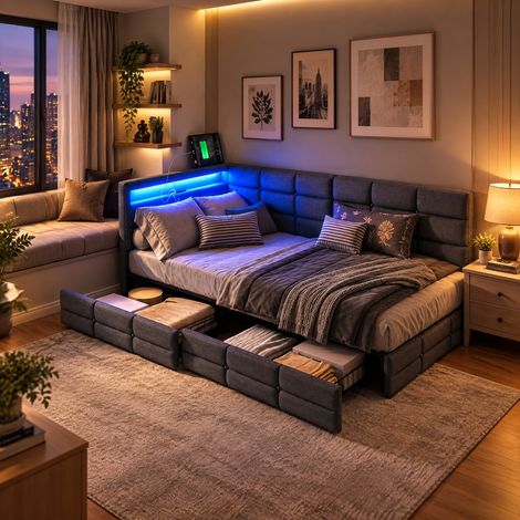 JOOKGBD–Divano letto 140x190 cm,letto contenitore,letto matrimoniale imbottito con 2 cassetti,LED,USB,letto adolescente con testiera imbottita,rete a doghe,lino,grigio