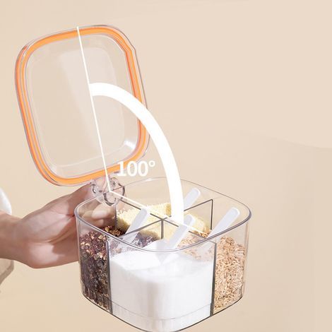 Pot à épices avec couvercle et 4 compartiments, 4 cuillères de service, pot transparent, pot de rangement transparent pour épices, petit pot à épices pour sel et sucre de cuisine. (1/5)