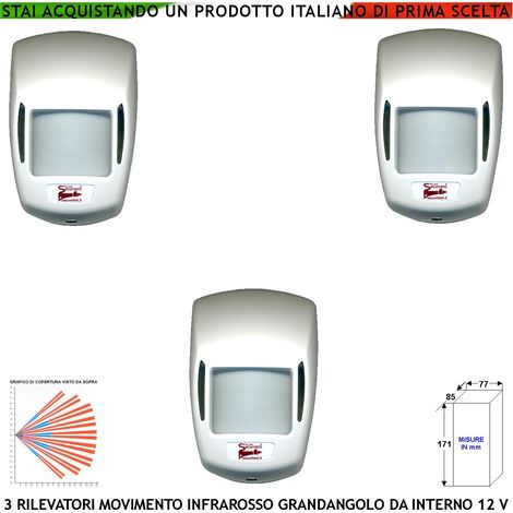 Infrarosso Sensore di Movimento Grandangolo 3 Pezzi Per Antifurto Portata 15 MT da Interno Rileva Intruso Entro 90 Gradi Alimentazione 12 V Assorb. 10 mA Lente 18 Fasci Infrarossi ABS Bianco con Snodo (1/4)