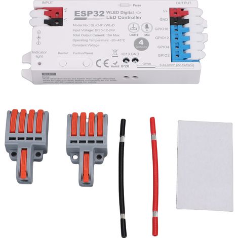 Contrôleur de bande LED numérique avec micro, fusible 15A, Type C, Port de téléchargement UART, connexion jusqu'à 800 perles lumineuses, sortie 4 canaux, blanc (1/5)