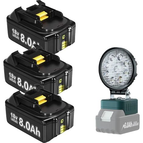 Akku für Elektrowerkzeuge, 8000 mAh Kapazität, kompatibel mit BL1830, 3 x 8,0 Ah, 1 x Arbeitsleuchte (1/2)