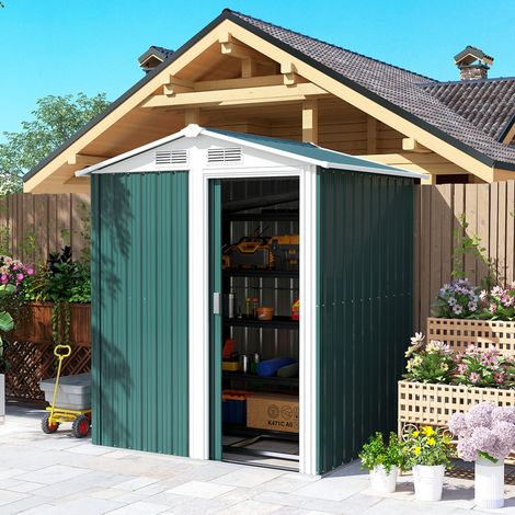 Coffre de jardin vert en acier 152x132x188 cm, toit pentu avec 4 bouches d'air, abri extérieur pour outils et rangement (1/5)