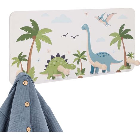 Porte-manteau Relaxdays pour enfant, 4 crochets, motif dinosaure, fixation murale, MDF, pin, chambre/couloir, vert/blanc (1/5)