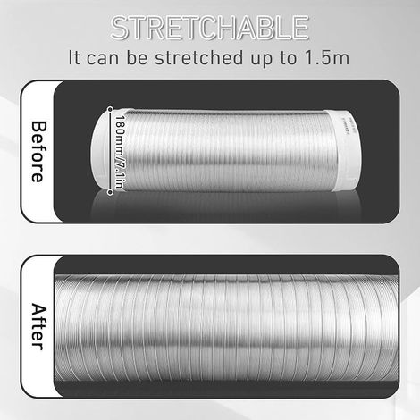 Tuyau flexible en aluminium de 180 mm avec raccords pour systèmes de ventilation et de climatisation et extracteur d'air, longueur 1,5 m.