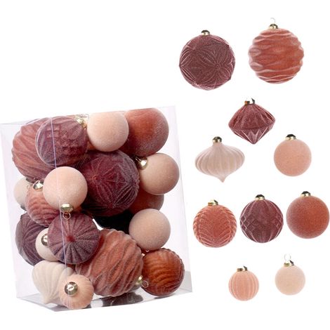 Palline per albero di Natale floccate e vellutate, 35 pezzi - Marrone caramello (1/2)