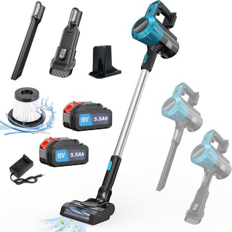 Handstaubsauger, kabelloser bürstenloser Standstaubsauger, 3-in-1-Staubsauger, leicht, für Teppichböden, Tierhaare, mit 2 x 5,5-A-Lithium-Akku + Ladegerät, kompatibel mit Makita-Akku