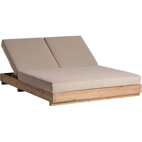 Bain de soleil double en teck et coussin beige - beige et marron naturel (1/5)