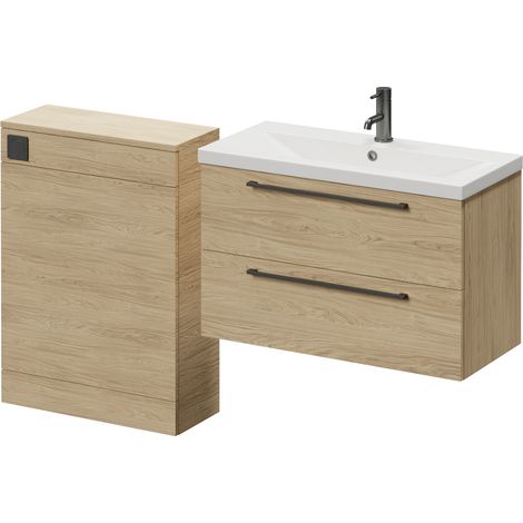 Napoli 390 Cento Light Oak 1400mm Wall Mounted 2 Drawer Vanity Unit and Toilet Suite with Glide Basin - 1400mm - Gunmetal Grey 480mm HandleWithout Kingston Toilet Pan