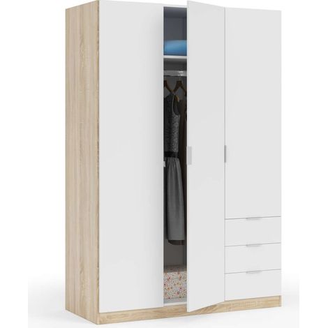 Armario ropero Vanesa 3 puertas abatibles acabado blanco artik y roble canadian. 180 cm (alto), 121 cm (ancho), 52 cm (fondo). (1/5)