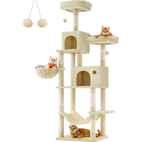 Feandrea – Arbre à chat 199 cm – Grande tour de jeux multi-niveaux – 5 niveaux avec housses amovibles – 7 poteaux à griffer – Beige