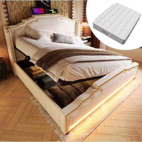 DESVIAE Lit double avec rangement hydraulique et matelas 140 x 200 cm velours beige LED USB Type C sommier à lattes 7 zones tête de lit vintage coffre latéral (1/5)